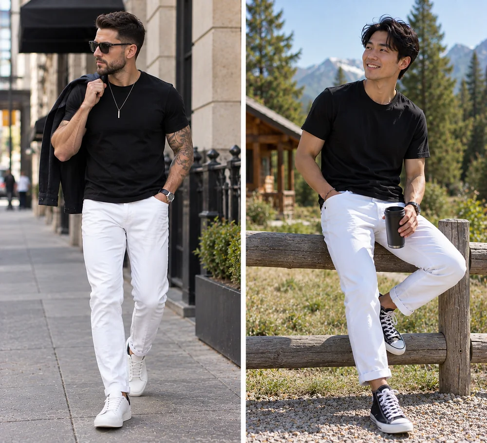 white jeans with black crew neck t shirt white jeans with black crew neck t shirt
